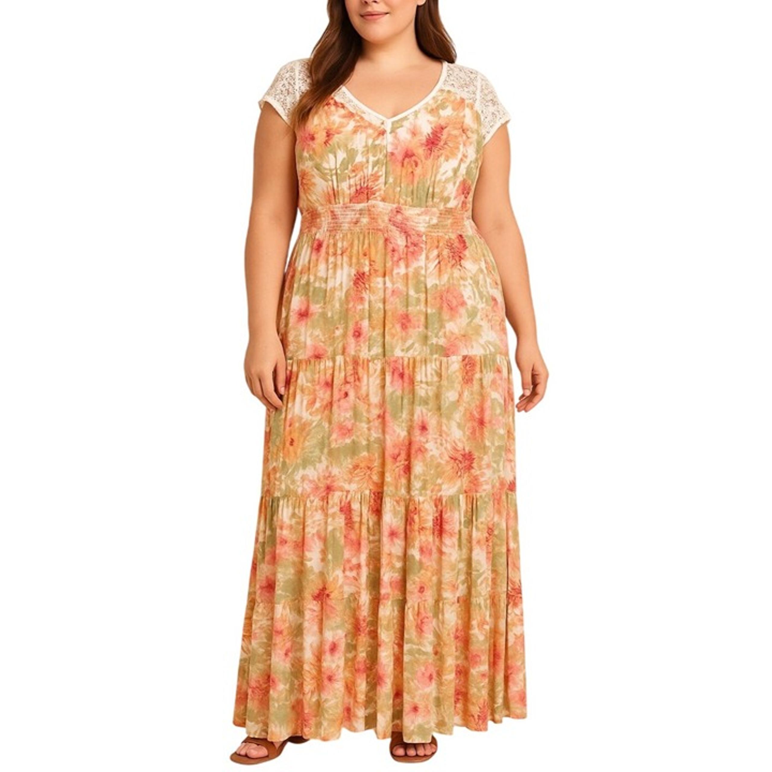 Luxology Womens Multicolor Floral Maxi Dress Lace Cap Sleeves Size Large