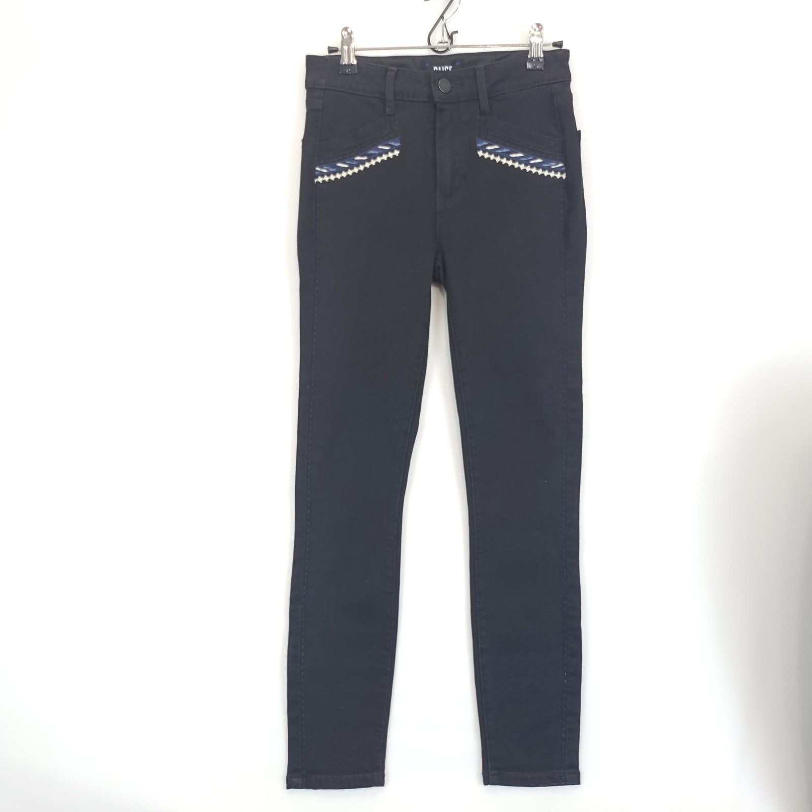 Paige Skinny Ankle Jeans Embroidered Pocket Hi Rise Women 28 Black Stretch Pants