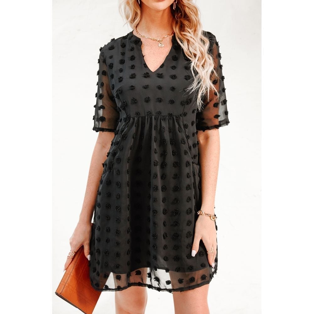 Cupshe Elegant Black Polka Dot V-Neck Mini Dress with Sheer Sleeves Size Large