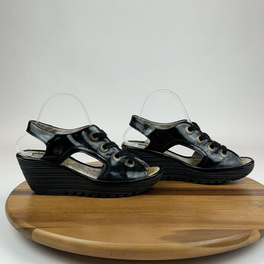 Womens Fly London Yifa Black Patent Leather Lace Up Wedges Sandals Size EU 38