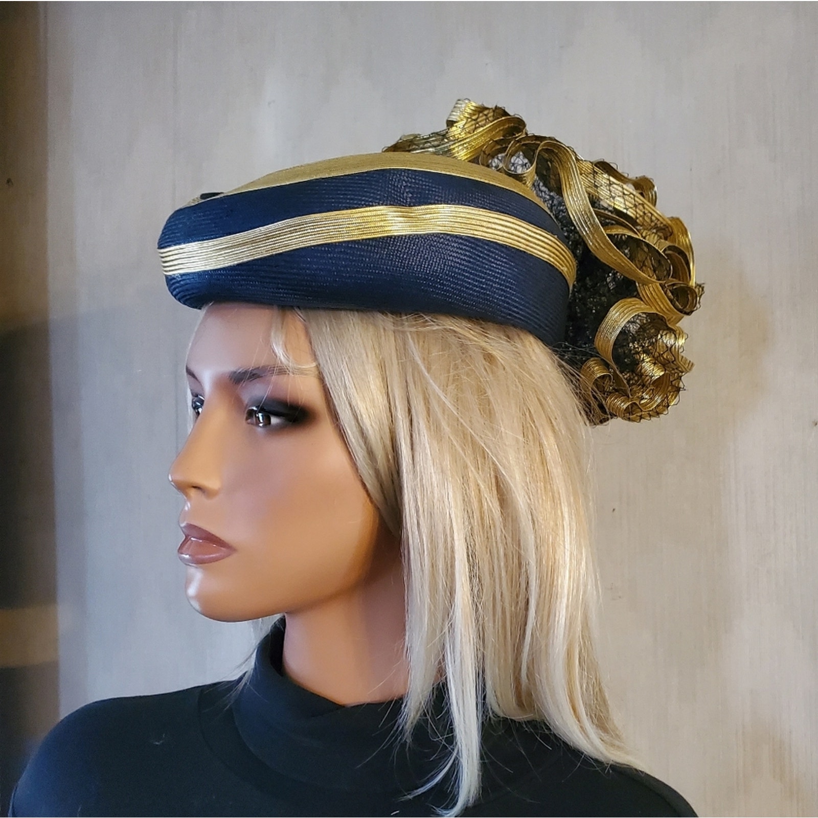 Vintage Jack McConnell Boutique Hat Haute Couture Navy Gold Event Wedding Hat