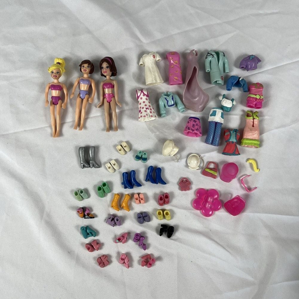 Polly Pocket Dolls & Clothes Lot Dresses Shoes Purses Shirts Pants Outfits