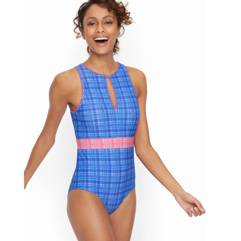 CABANA LIFE x TALBOTS NWT High Neck One Piece Sunrise Plaid Swimsuit // S