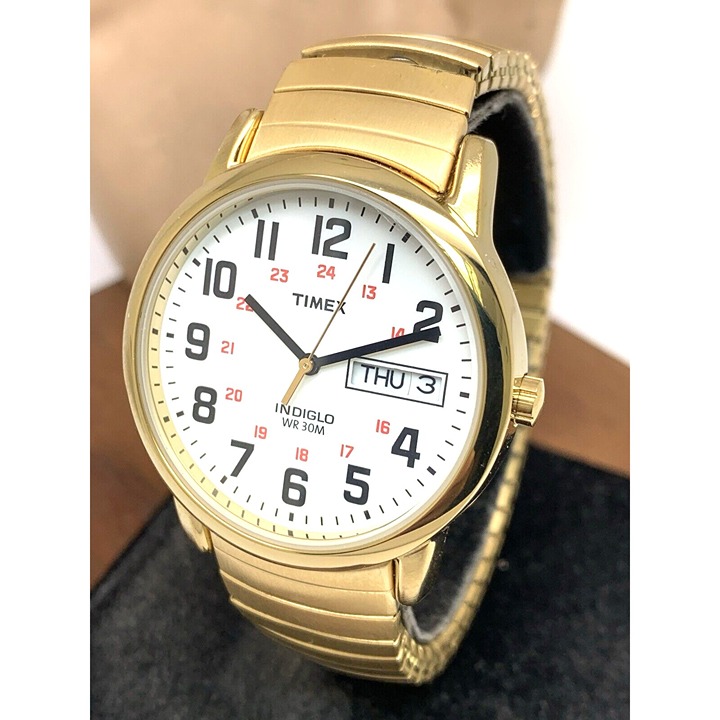 Timex Men's Watch T20471 Quartz 35mm White Dial Indiglo Gold Tone Expansion Band