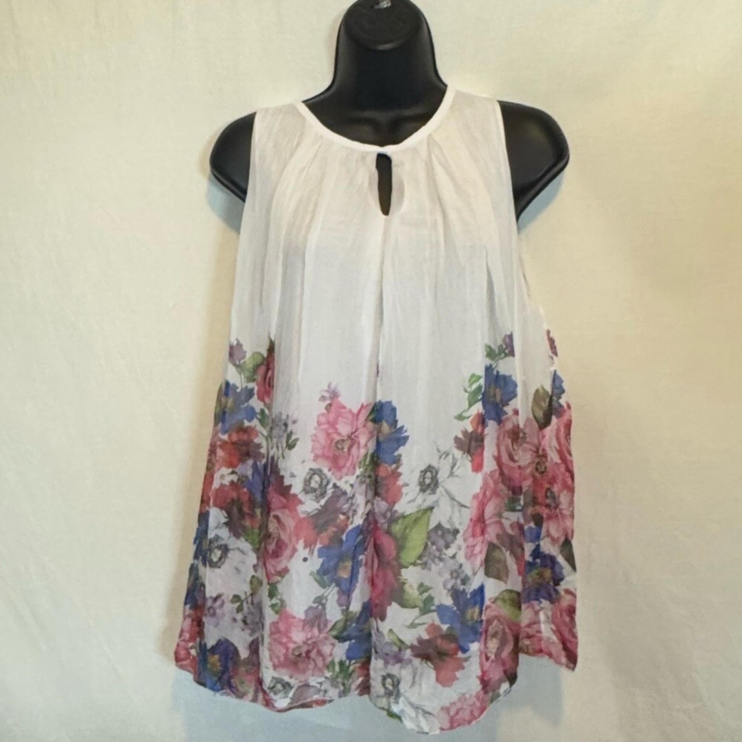 H-59 M Made in Italy Silk Blend White Floral Sleeveless Summer Blouse Size L