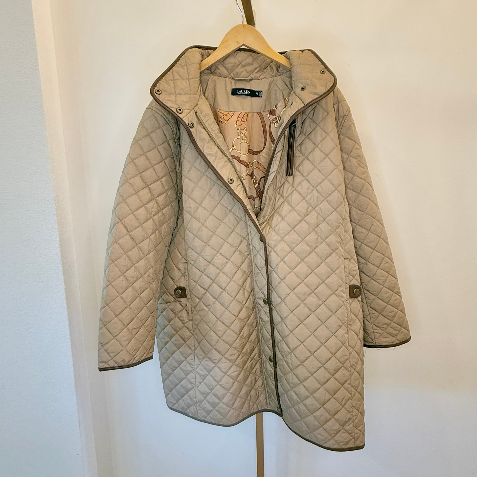 Lauren Ralph Lauren Women's 2XL Beige Quilted Hooded Mid-Length Coat