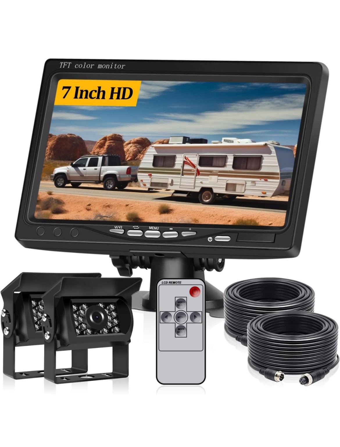 Upgrade Dual Backup Camera 7'' Monitor Kit HD 720P Monitor IP69 Waterproof Rever