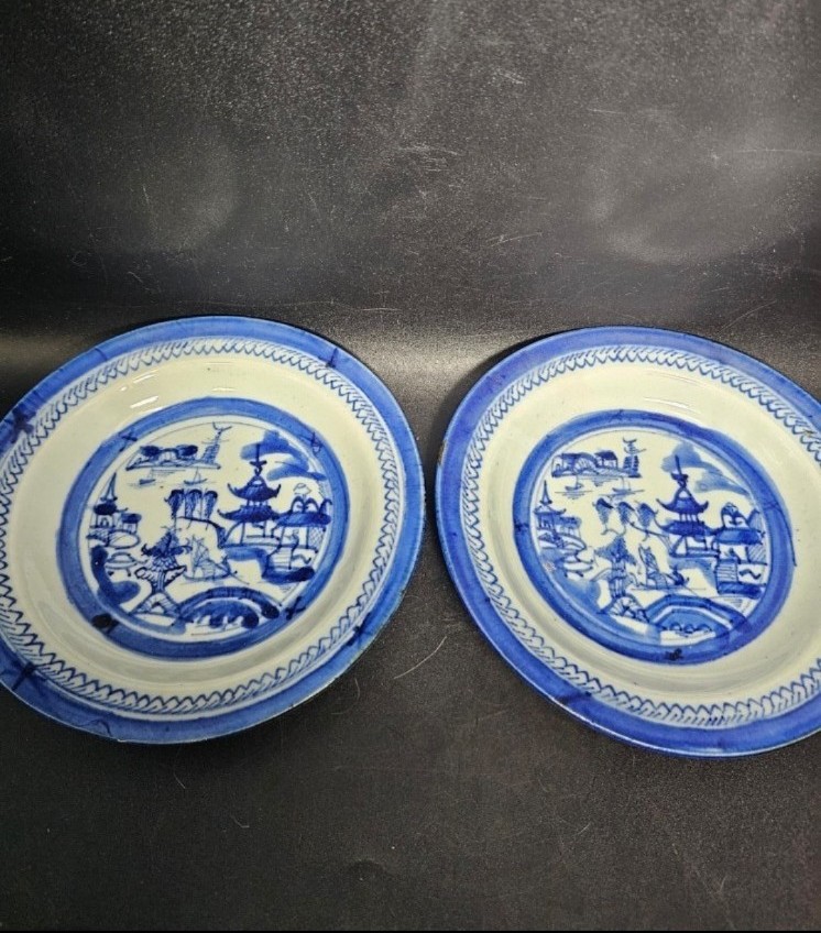 Two Antique Qing 19th century blue and white Canton ware plates
