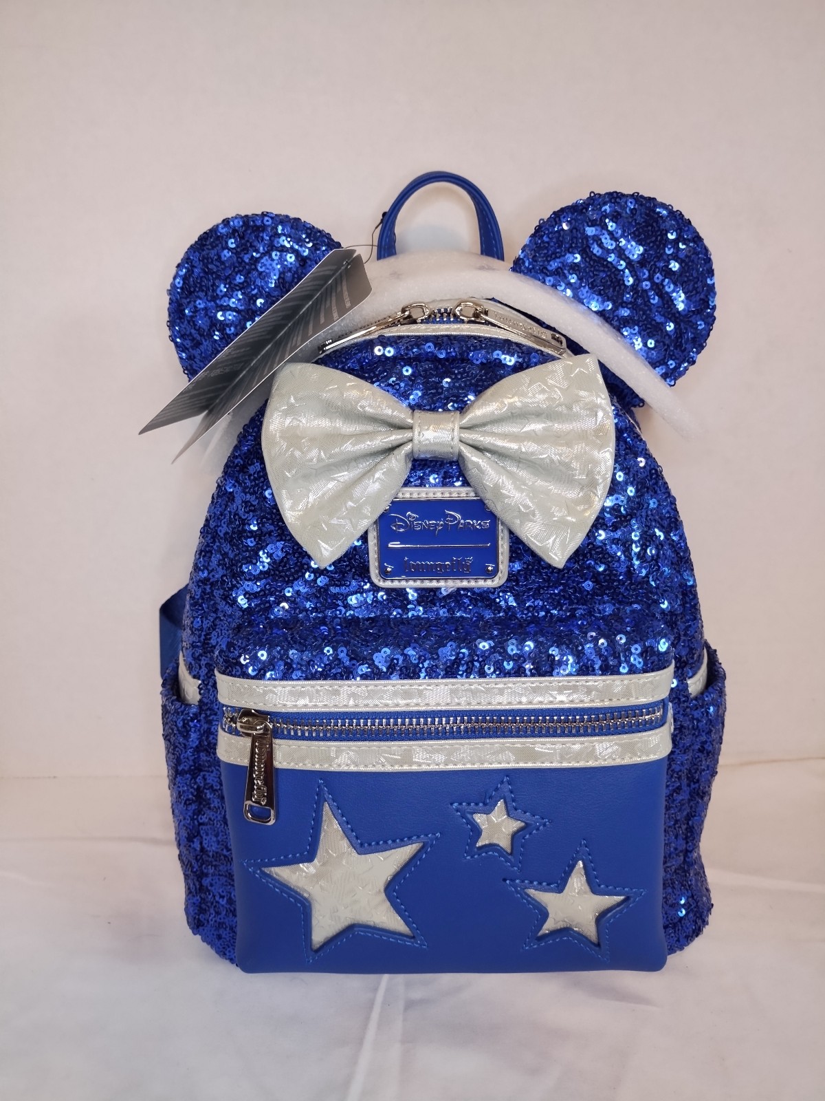 Disney Parks Loungefly mini backpack bag Blue Sequin silver bow stars Make Wish