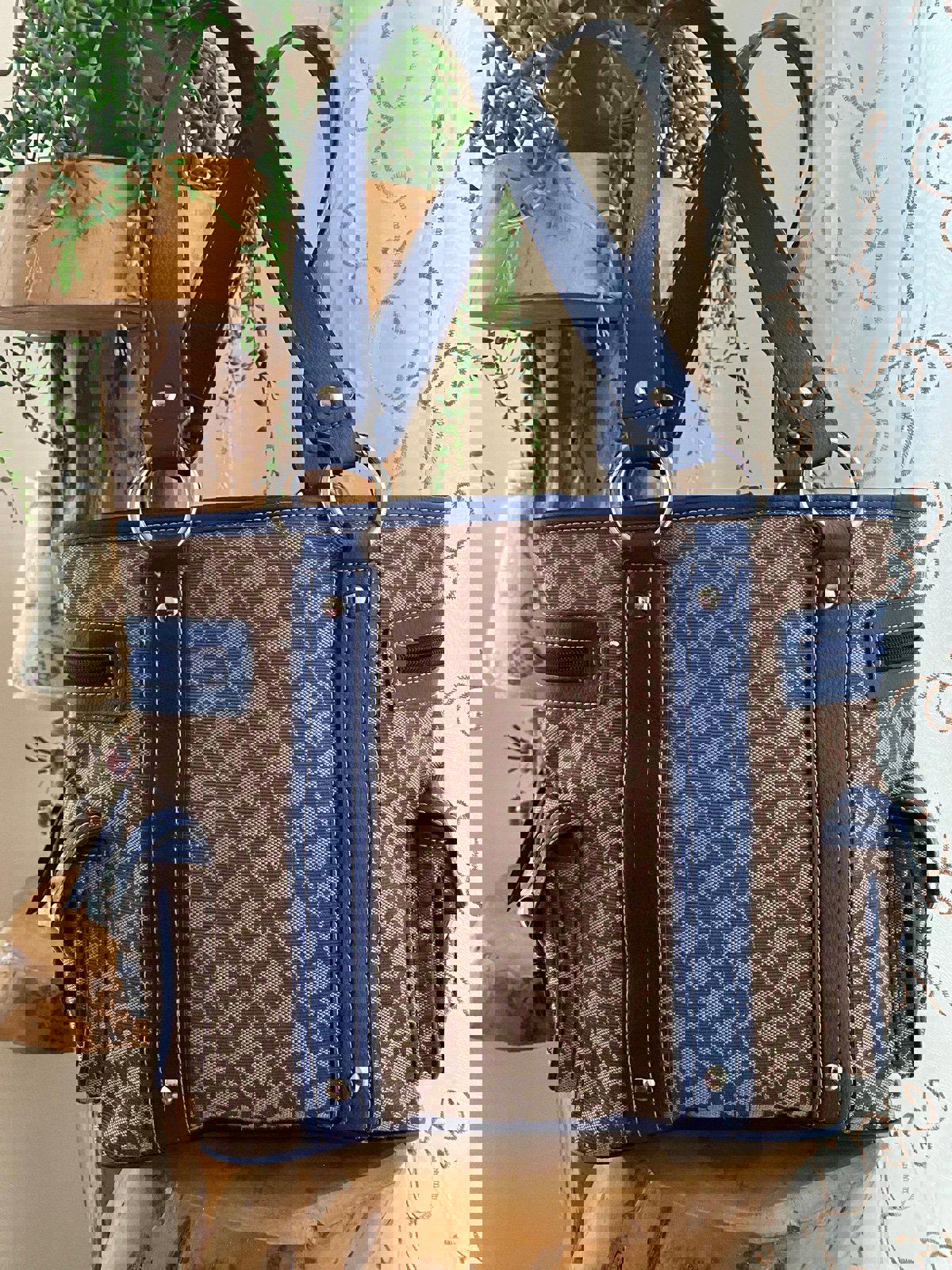 NY Brown and Blue Patterned Women's Tote Bag with Side Pockets