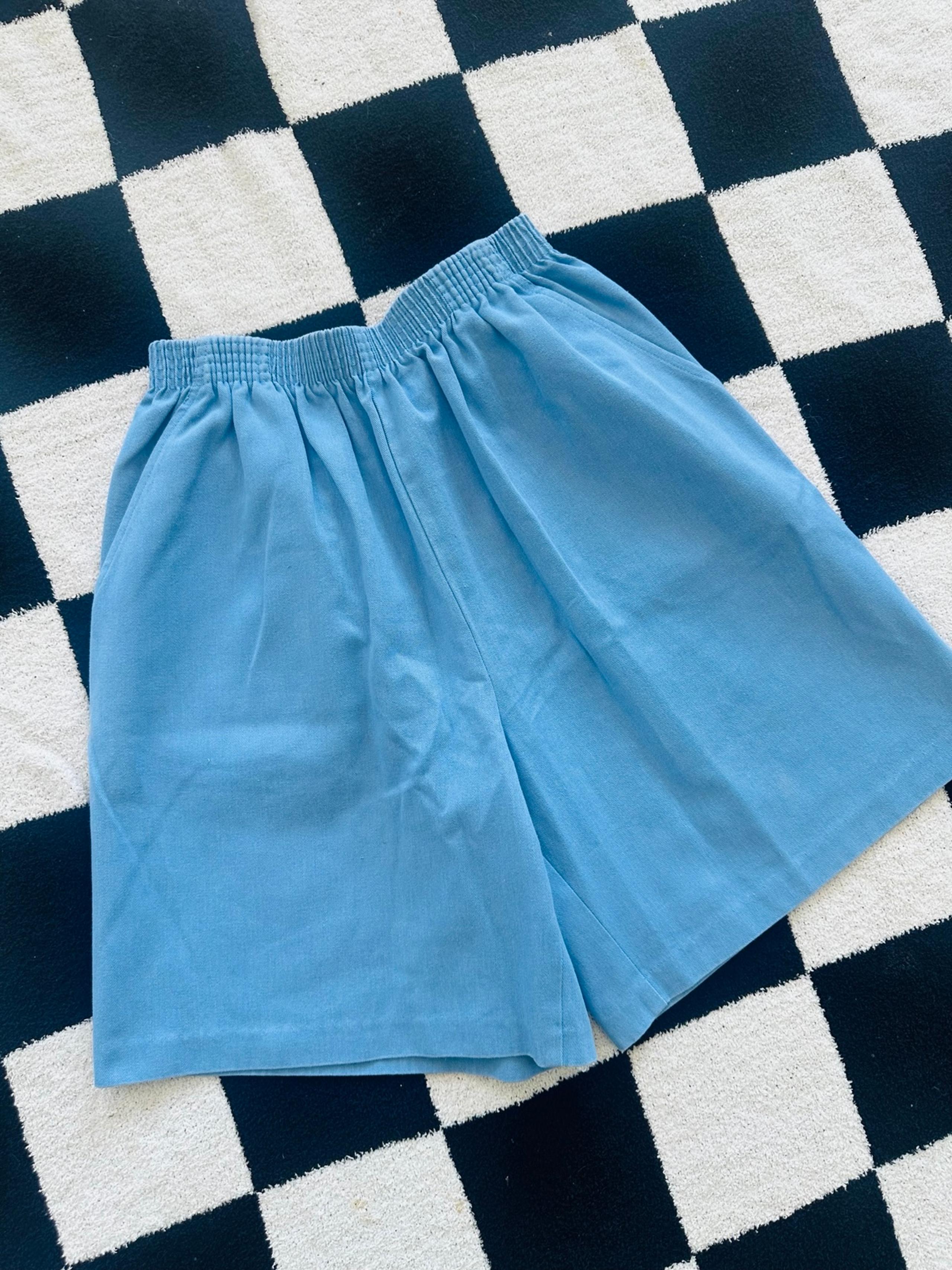 Light Blue Vintage High Waisted Elastic Waist Trouser Shorts