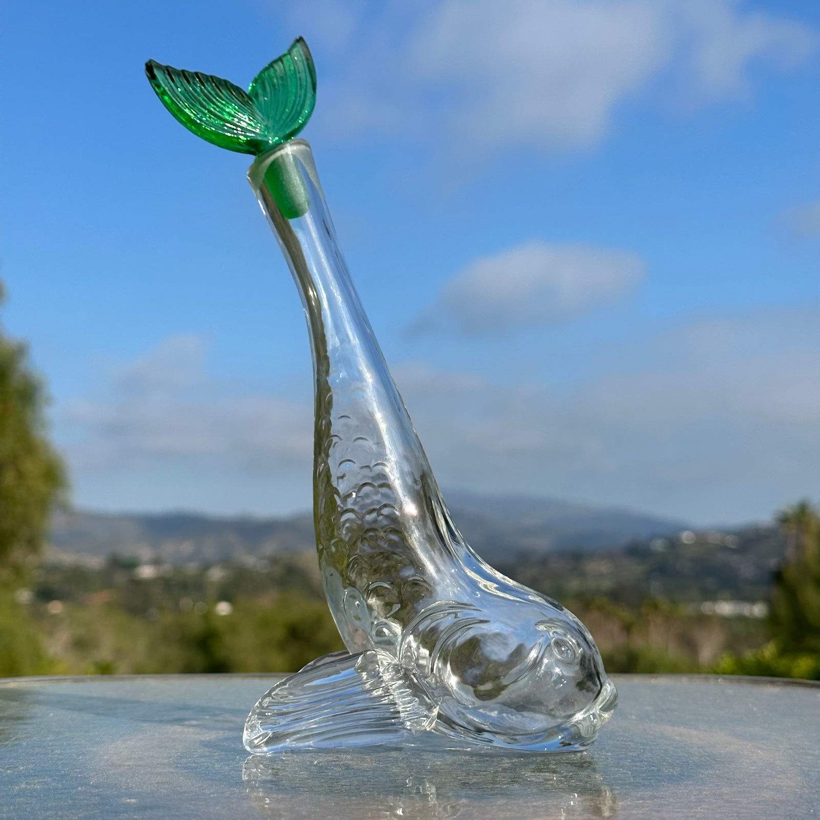 Mid-Century Dolphin / Koi Liqueur Decanter with Green Glass Tail Stopper
