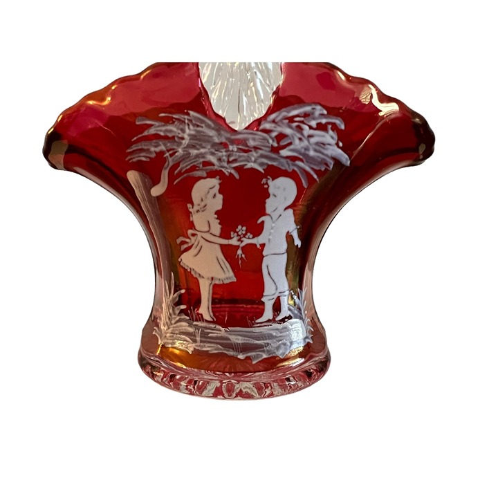 Vintage Westmoreland Mary Gregory Ruby Red Glass Basket Girl and Boy Flowers