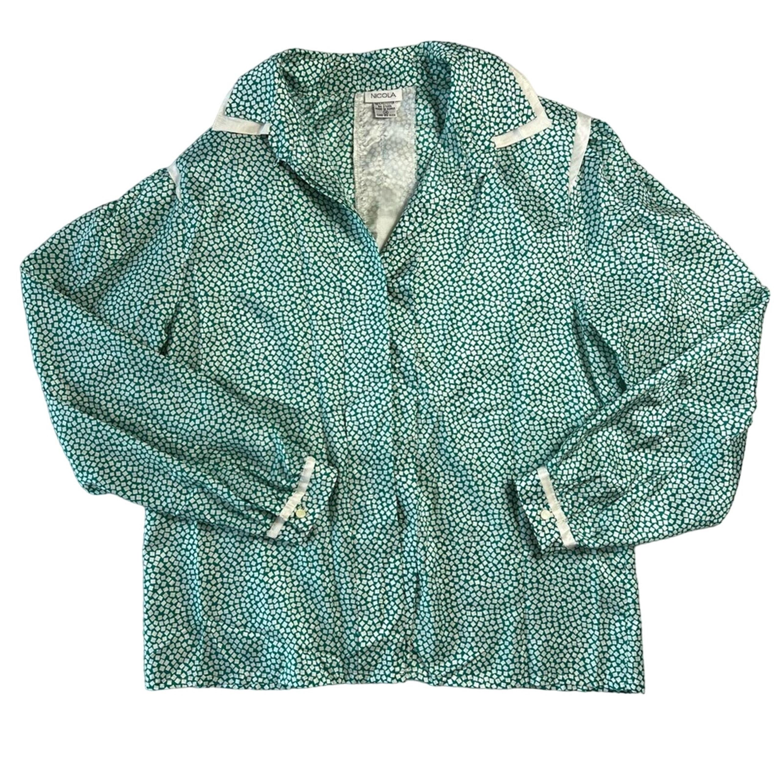 Nicola 80's Women's Large 14 Green Button-Up Blouse Silky Long-Sleeve Vintage