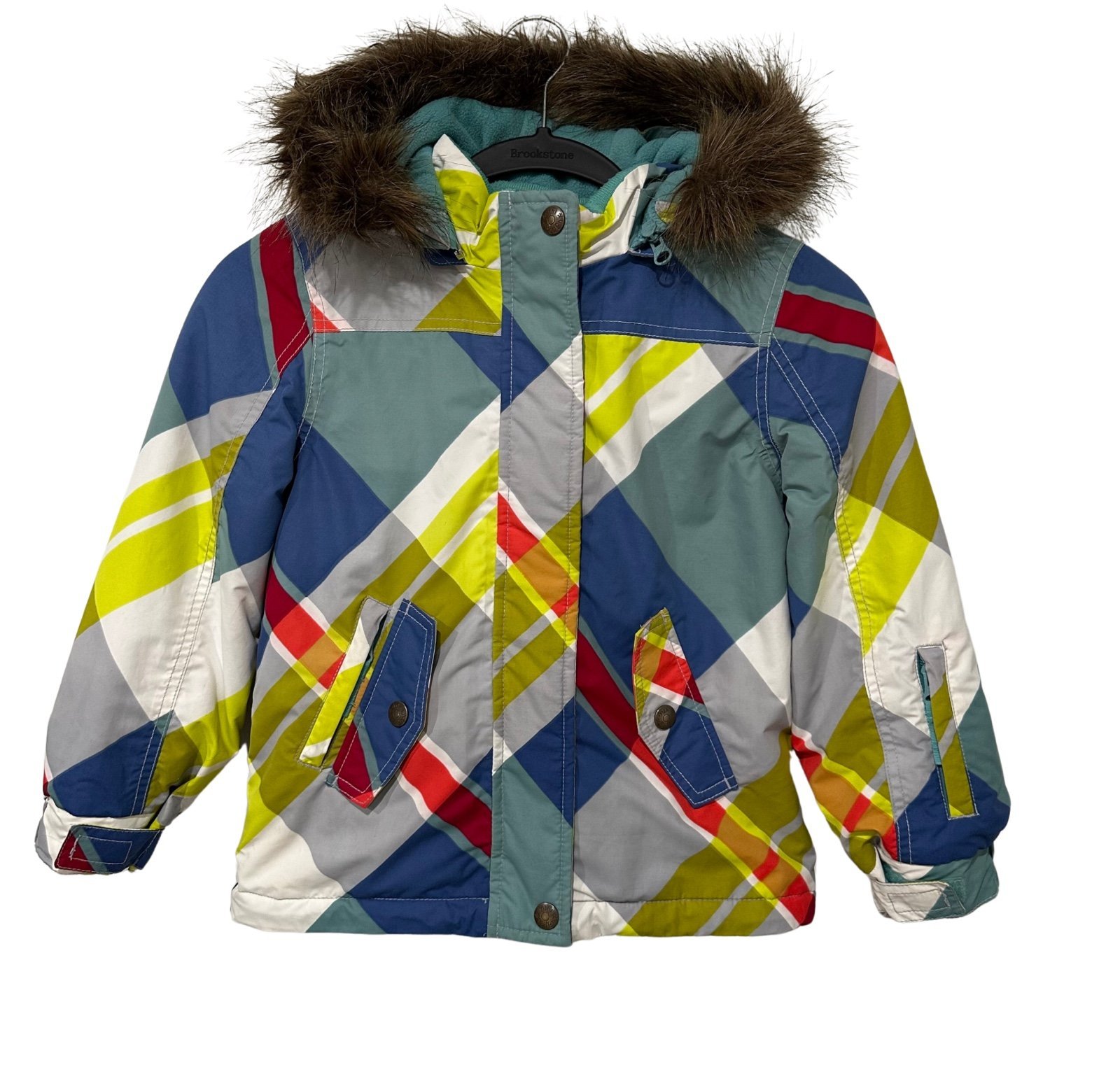 Mini Boden Ski Jacket SZ 6-7 Yr Multicolor Faux Fur Hood Pockets Colorful READ
