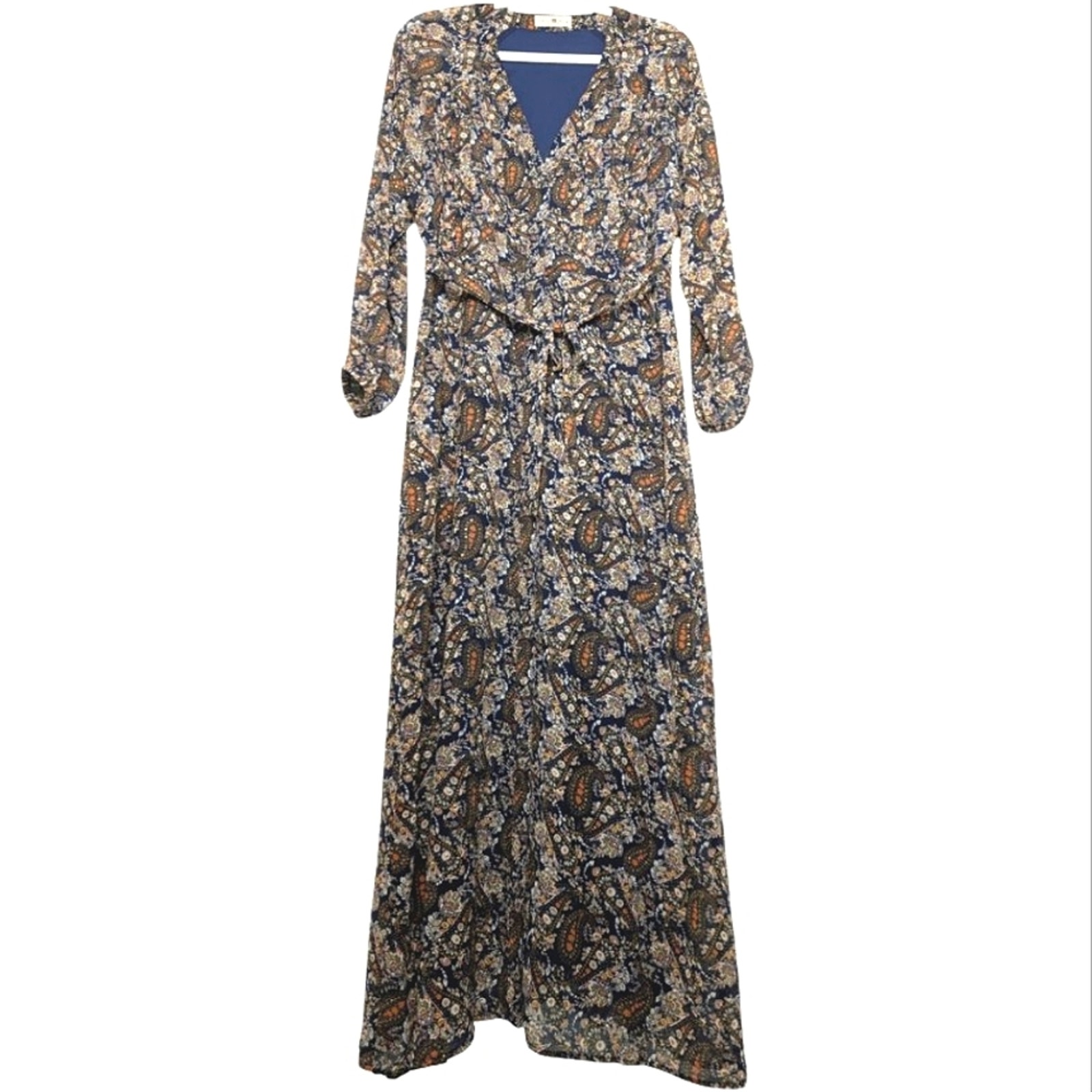 Natural Life Cottagecore Prairie Boho Navy Paisley Floral Print Maxi Dress MD