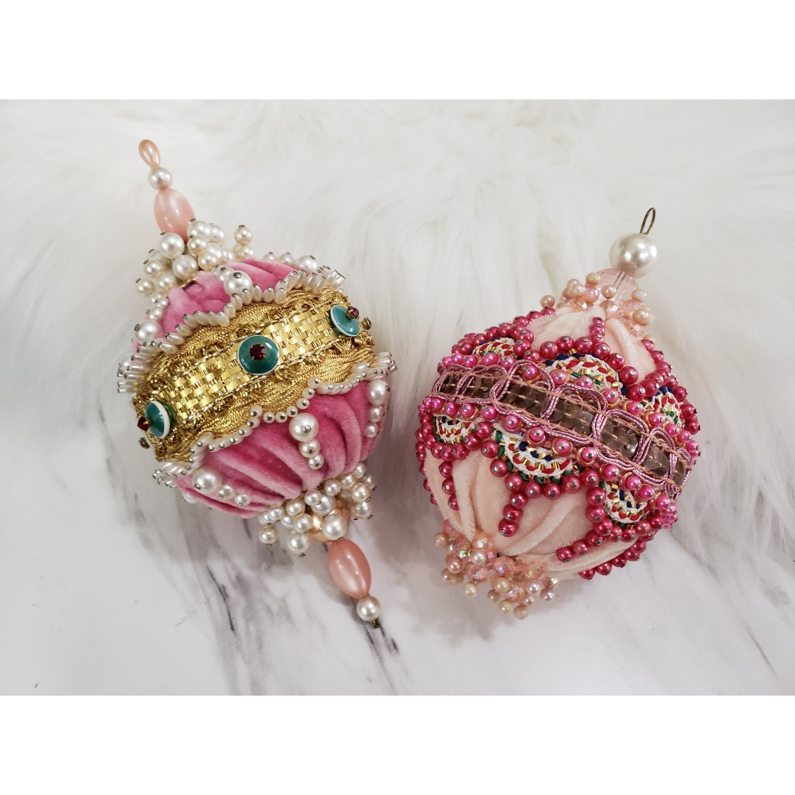 GORGEOUS Vintage 2 Pink Chenille Beaded Push Pin HANDMADE Christmas Ornaments