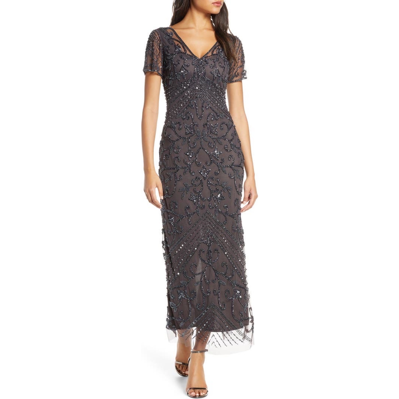 Pisarro Nights Beaded Mesh Column Gown Women's Sz 8 Gray Midi Short Sleeve