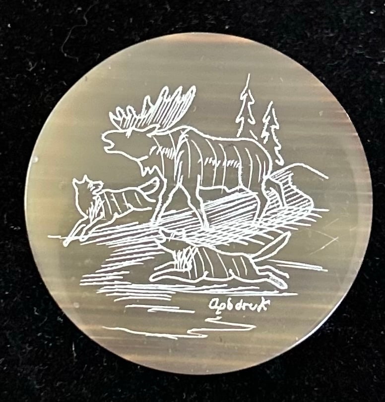 Signed Harry Apodruk Scrimshaw Whale Baleen Pin