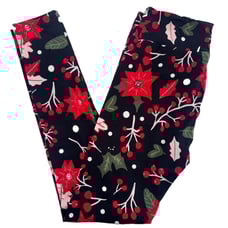 LuLaRoe Womens Leggings Size TC Poinsettia Holly Floral Christmas Holiday NWT