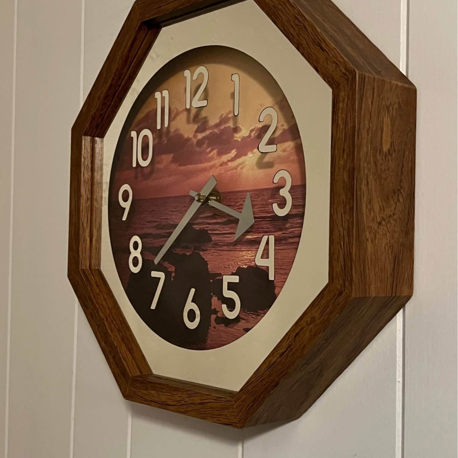 Vintage Retro 1970’s Mirror Face Sunset Scene Quartz Octagon Wall Clock