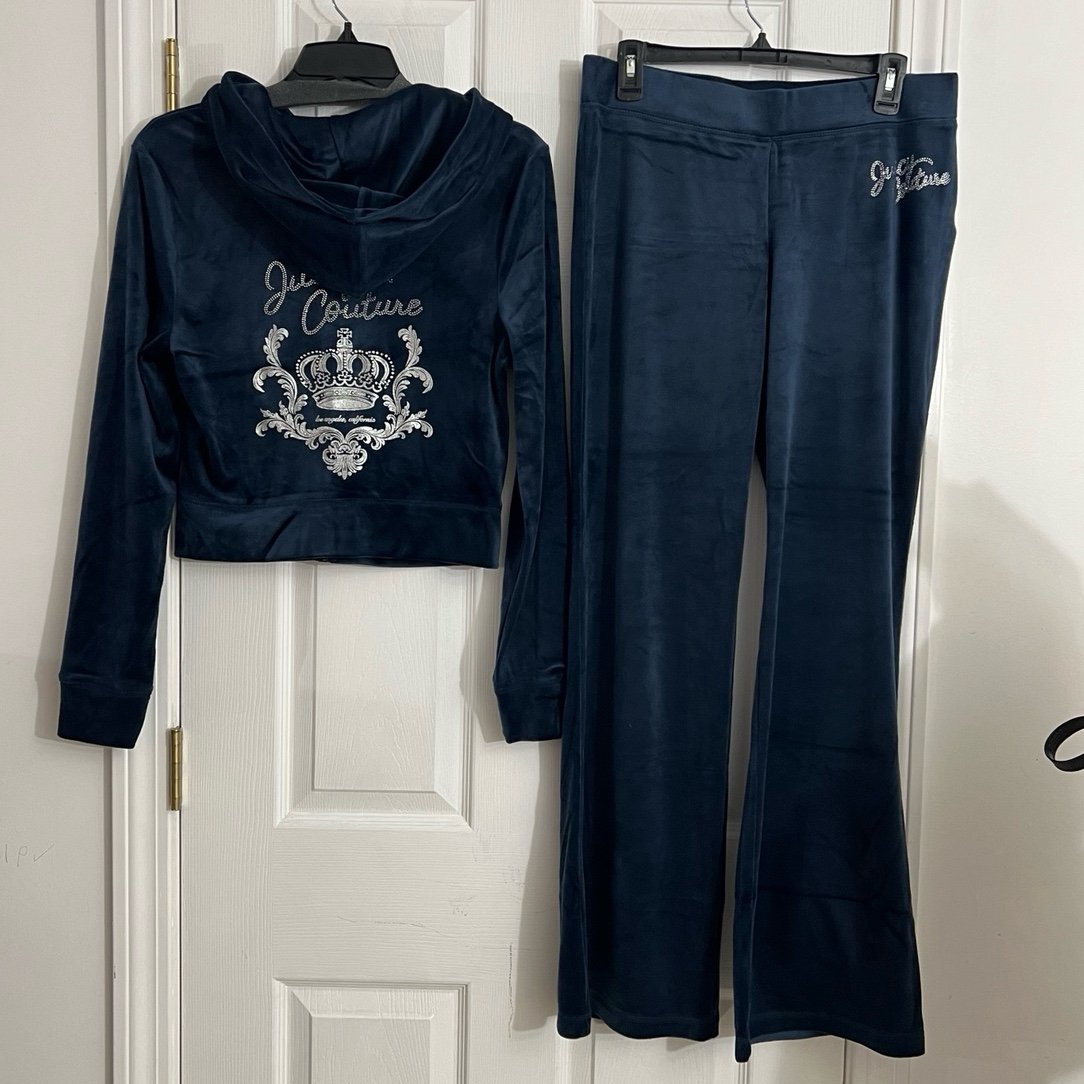 New Juicy Couture "Regal Blue" Velour Bling Tracksuit Set Size M