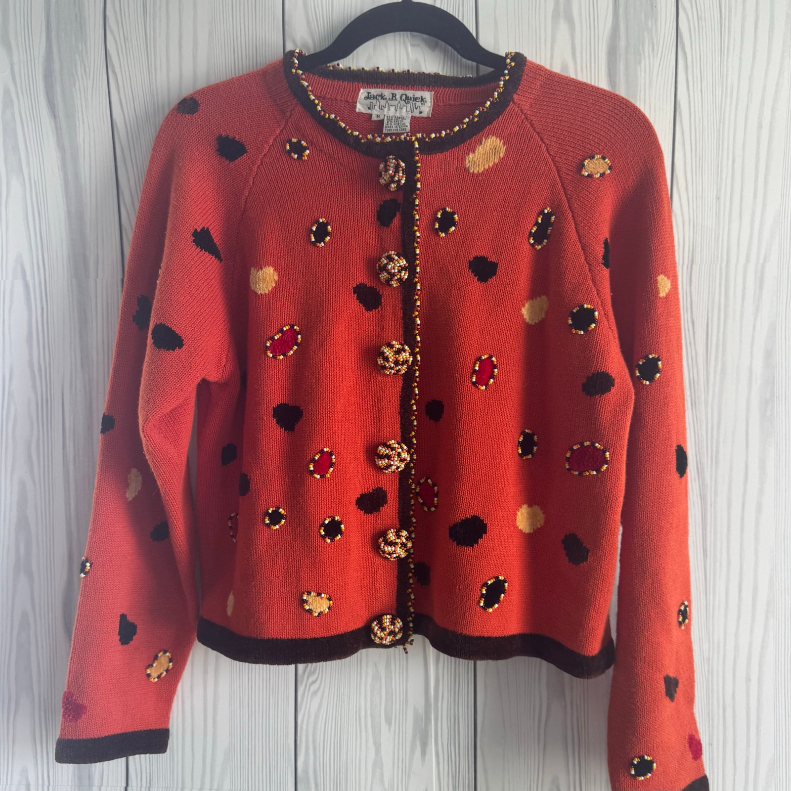 Vintage 90s Jack B. Quick Fall Thanksgiving Sweater Sz M Fringe Buttons Orange