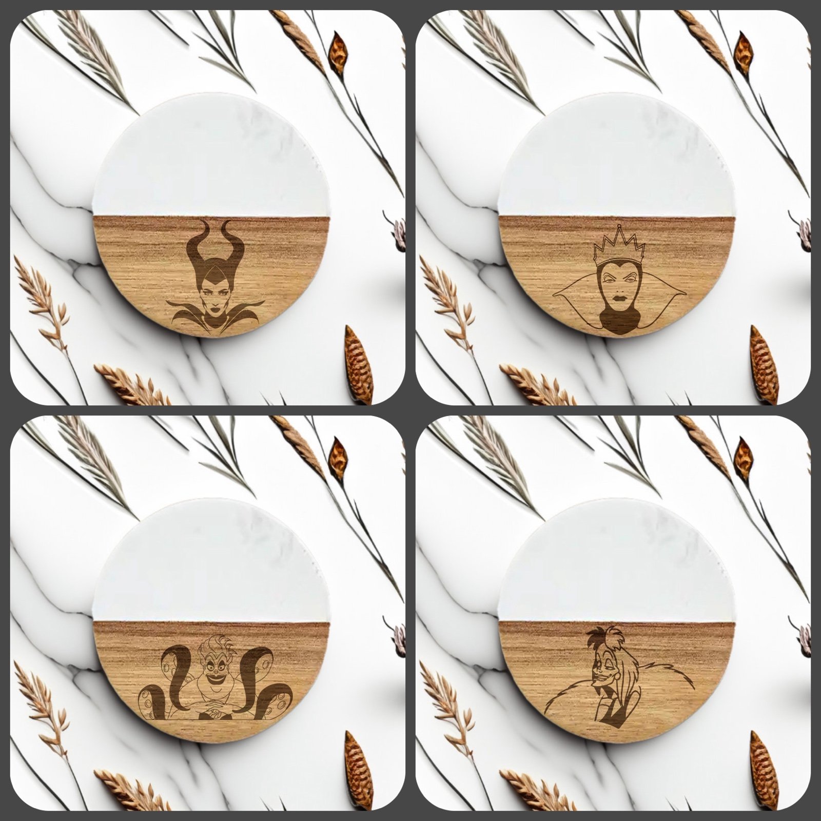 Disney villains queen set 4 engraved coasters marble and acacia wood