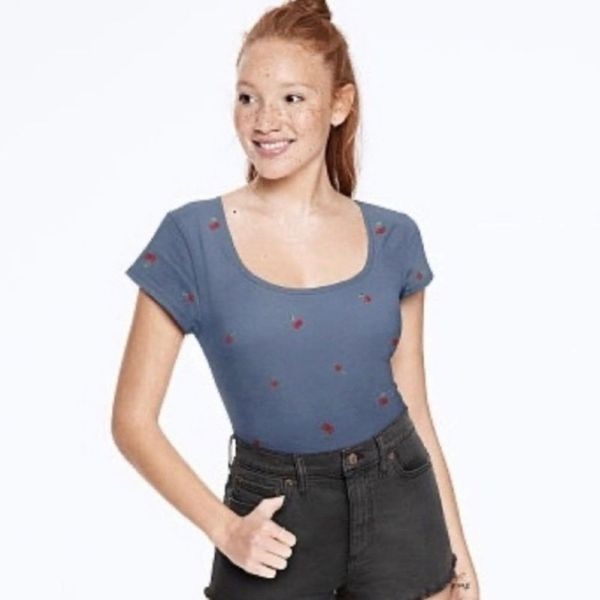 NWT Victoria's Secret Blue Cherry Print Short Sleeve Bodysuit Top Large