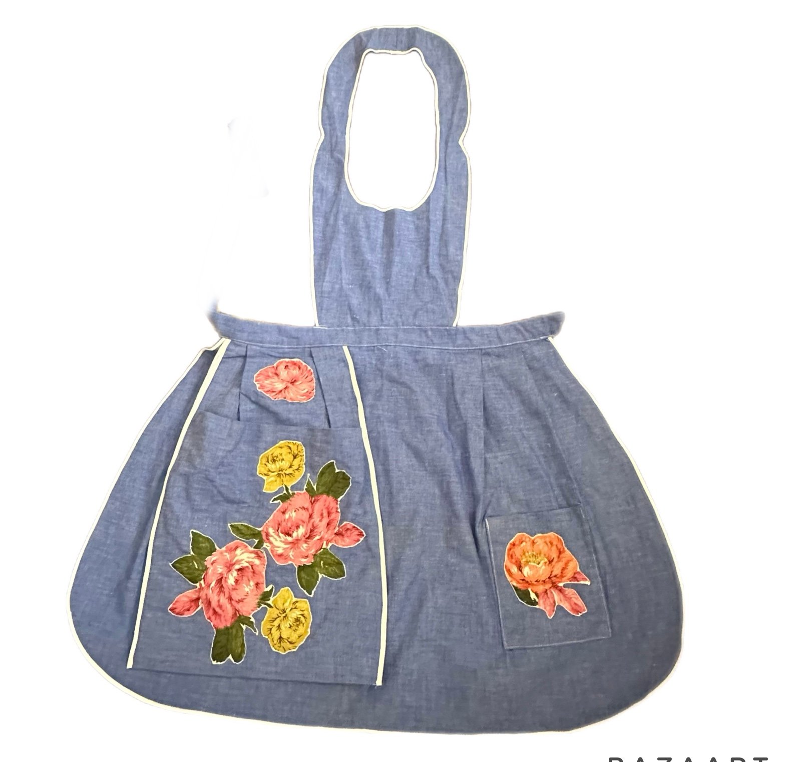 Vtg Full Bib Floral Apron Blue Denim Blend Back Tie Large Pocket Made In Italy