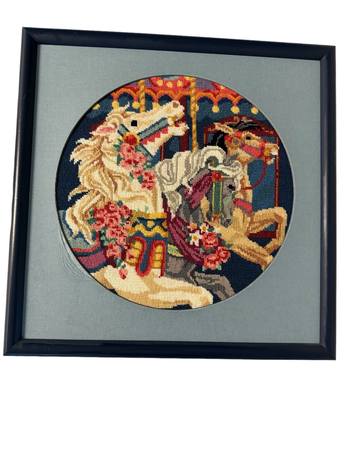 Vintage Needlepoint Stiched Framed Matted Carousel Horses Vibrant 18” x 18”