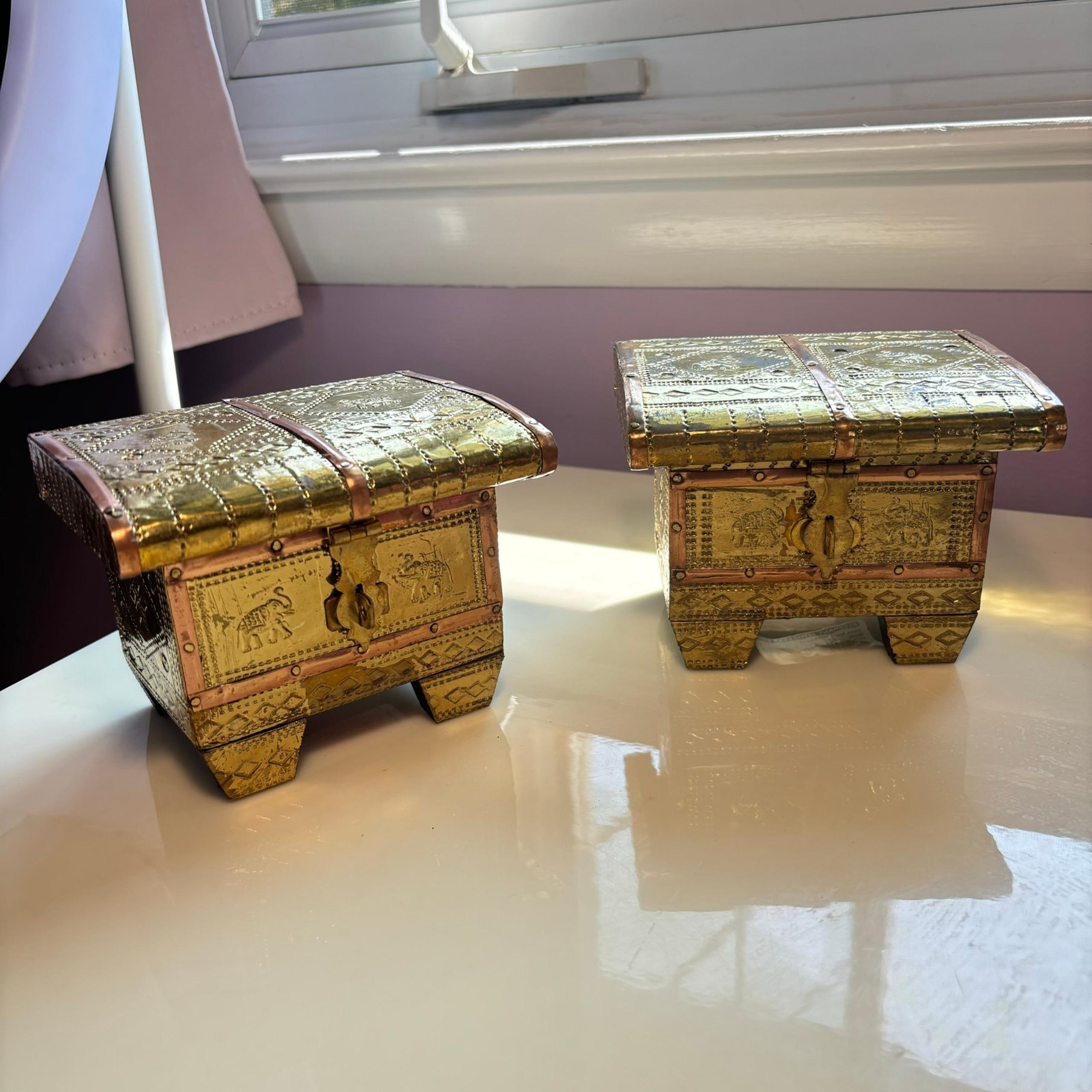 Vintage Y2K set of 2 golden brass boho jewelry boxes