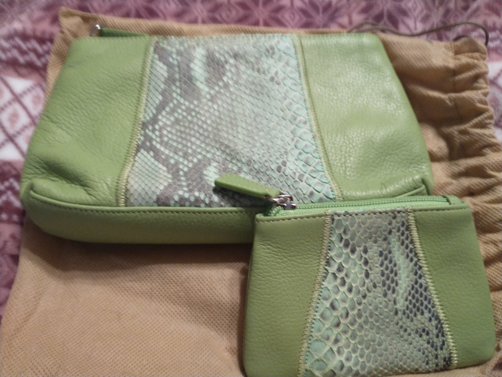 Chi by Carlos Falchi Leather Snakeskin Makeup Bag and Change Purse