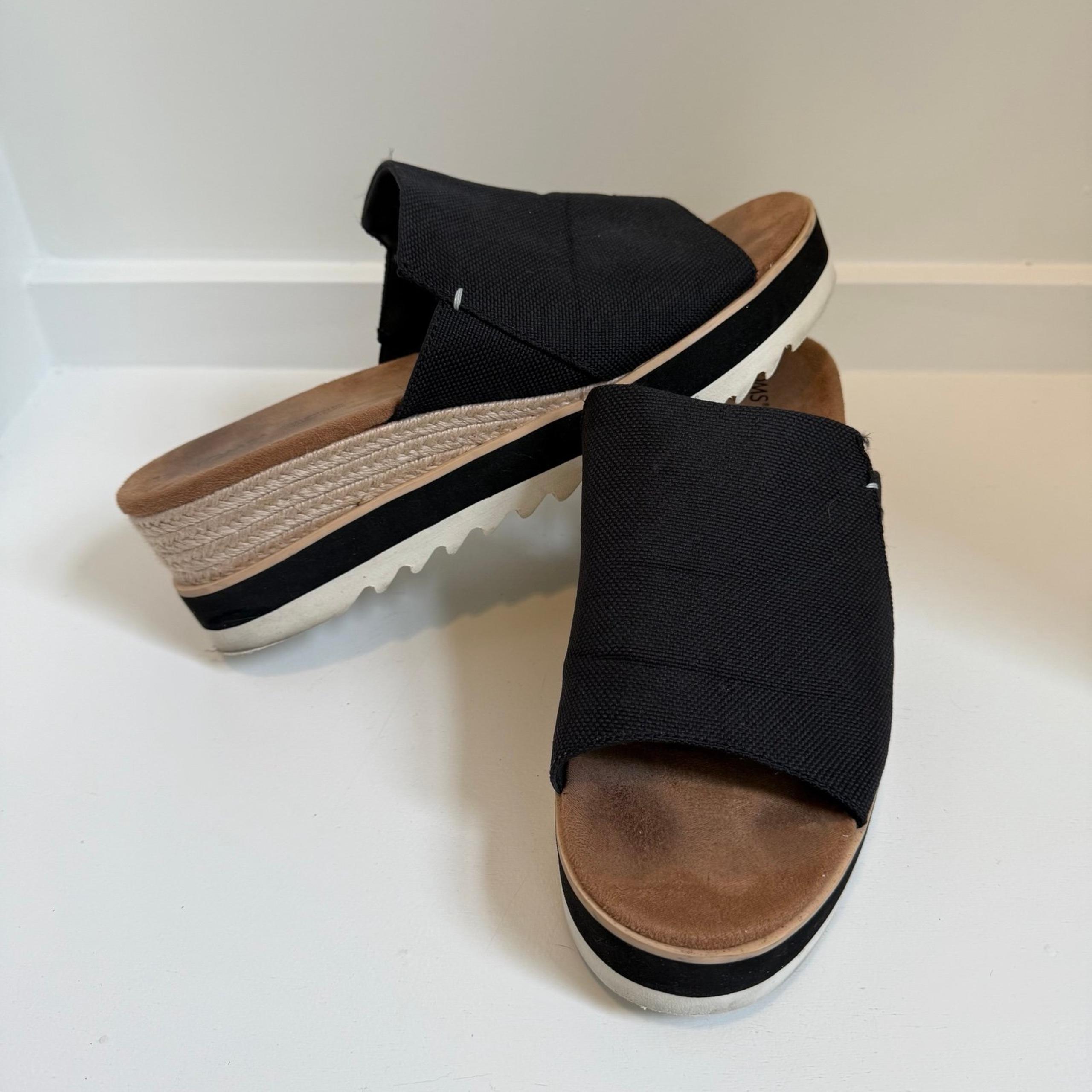 Toms Black Canvas Espadrille Wedge Slide Sandals Size 11