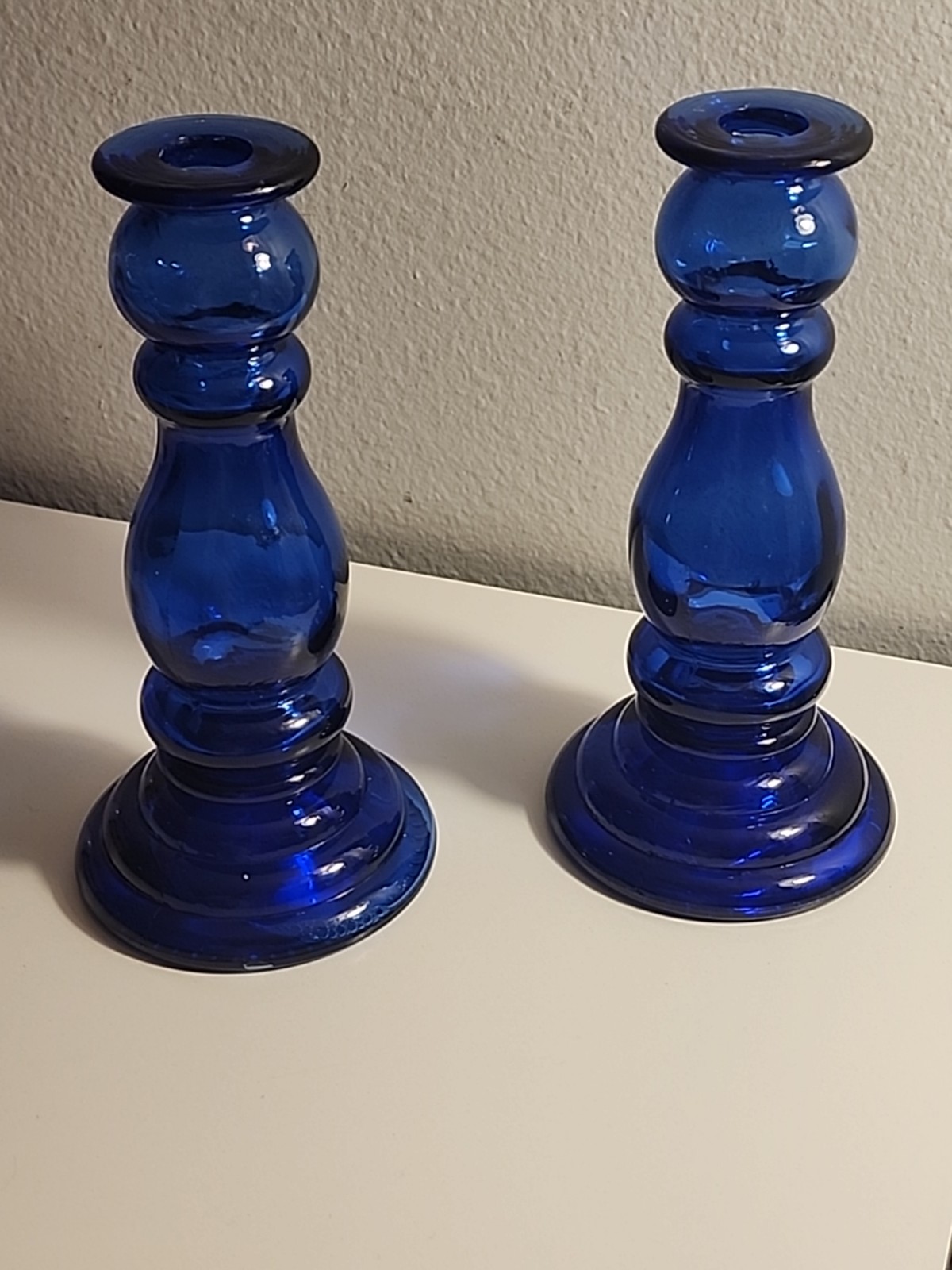 Set of 2 Vintage Cobalt Blue Glass Candlesticks Taper Candle Holder.