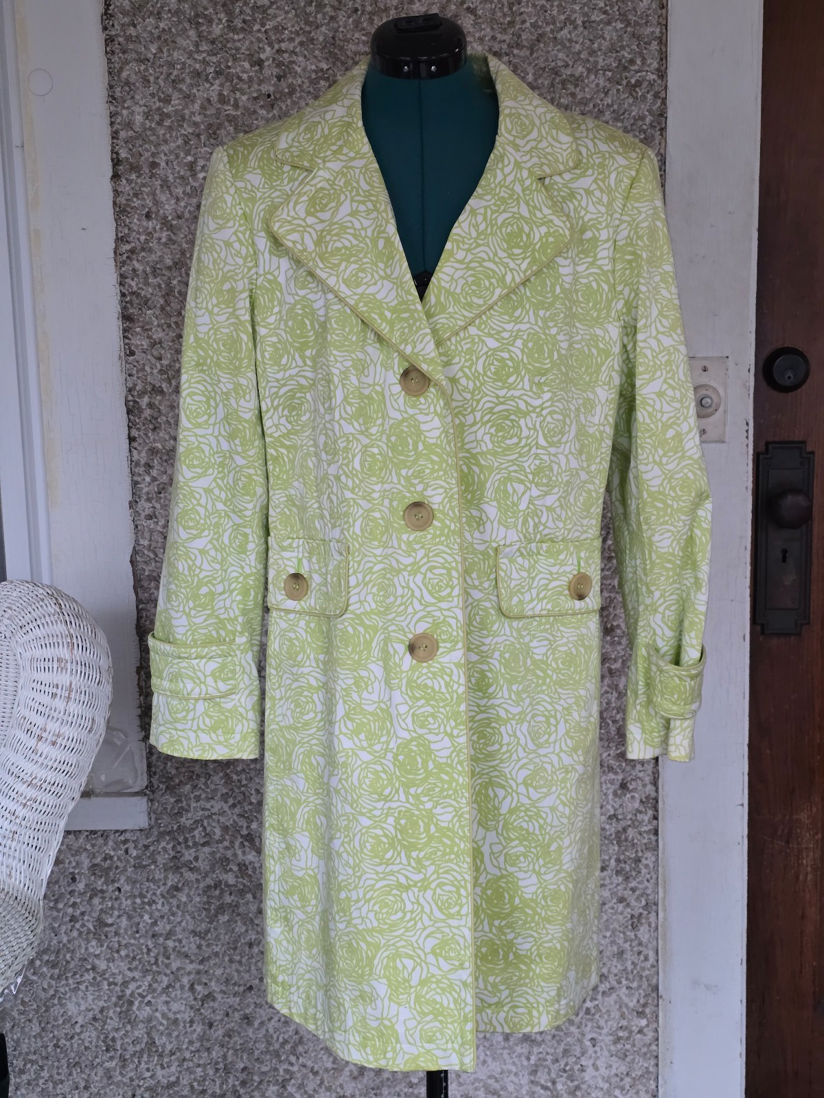 Gallery Petite Floral Green Women's Trench Coat size PL