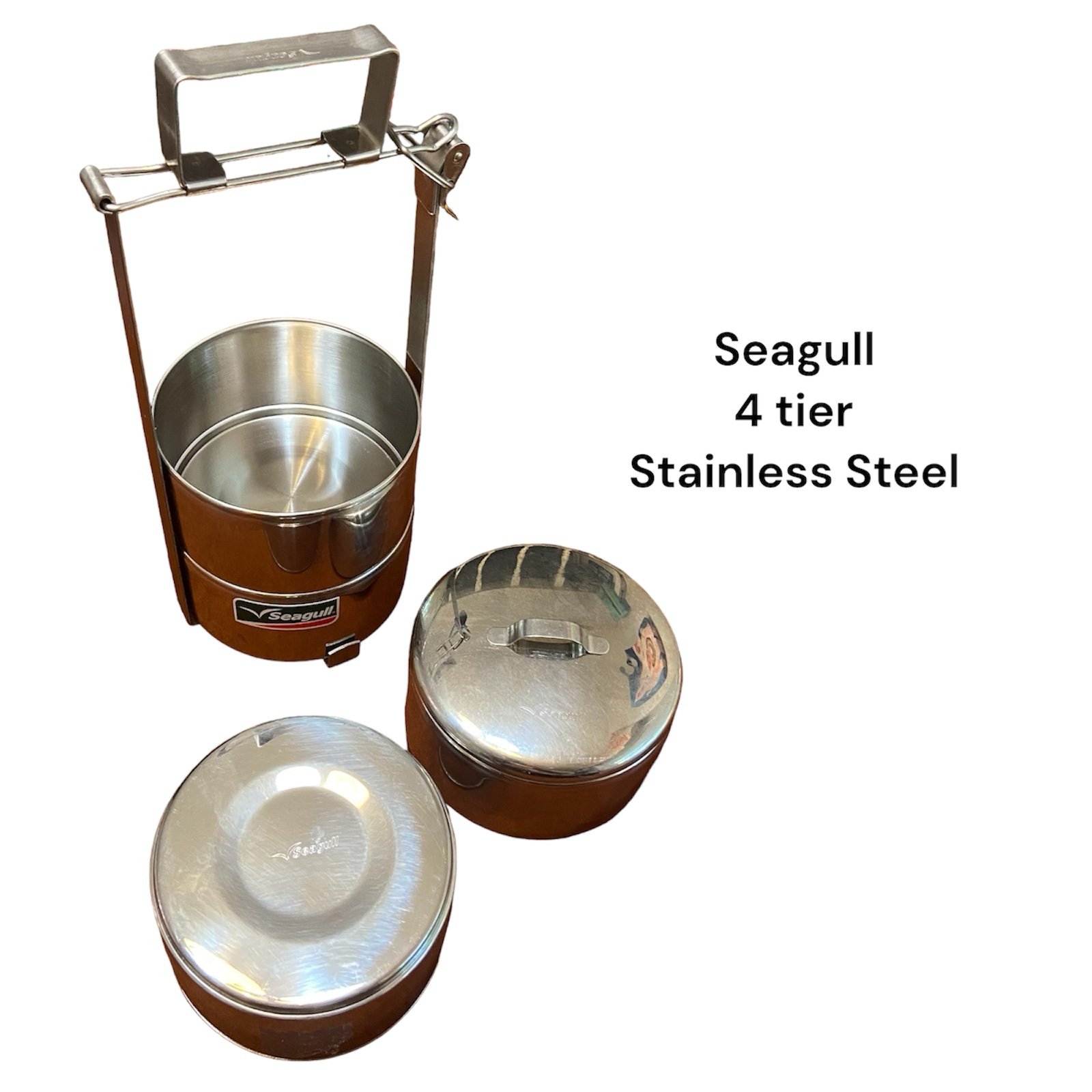 Seagull Stainless Steel Food Soup Portable Carrier Camping Hiking 4 Bowls Cook