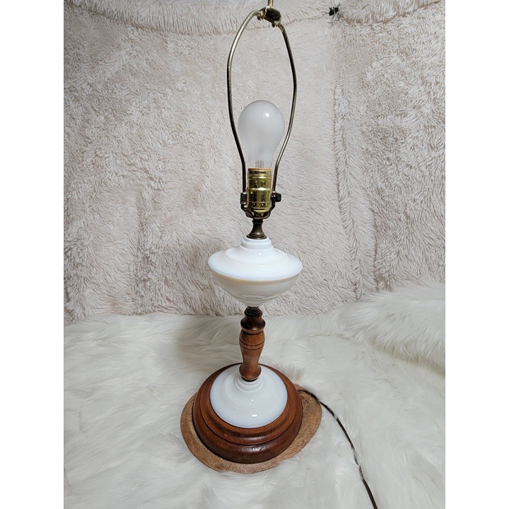 Vintage Milk Glass and Wood Table Lamp