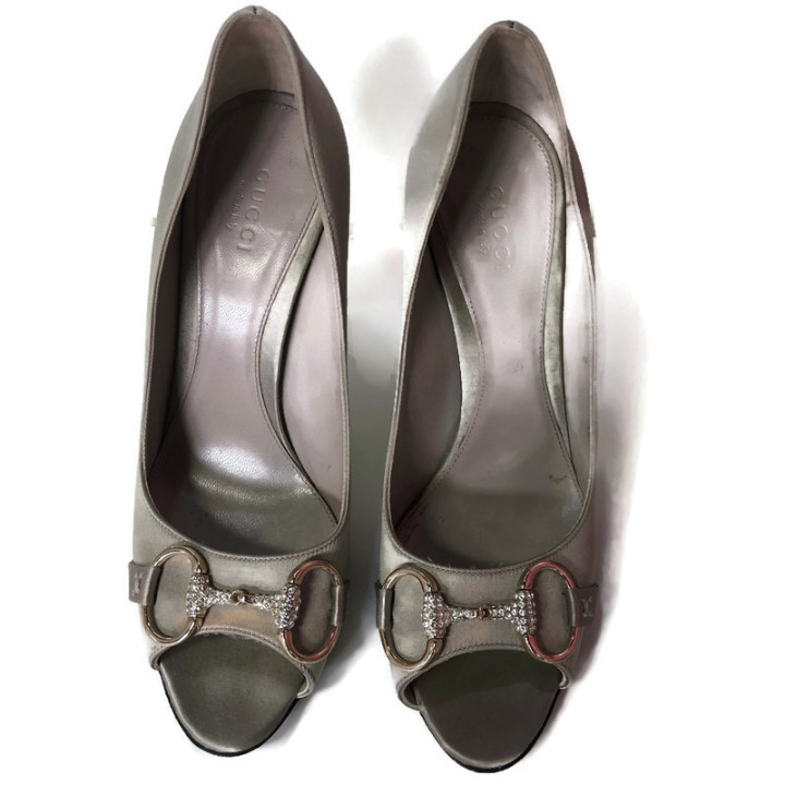 Gucci Taupe Satin 4 Peeptoe Stilettos
