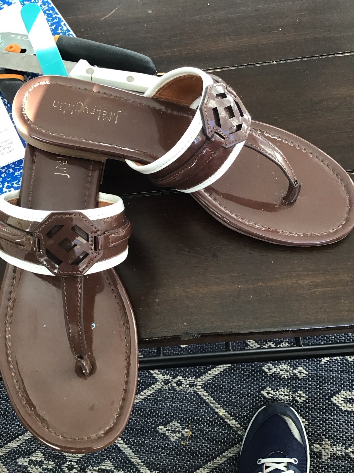 J McLaughlin sandals. Brown patent leather. Retail 99