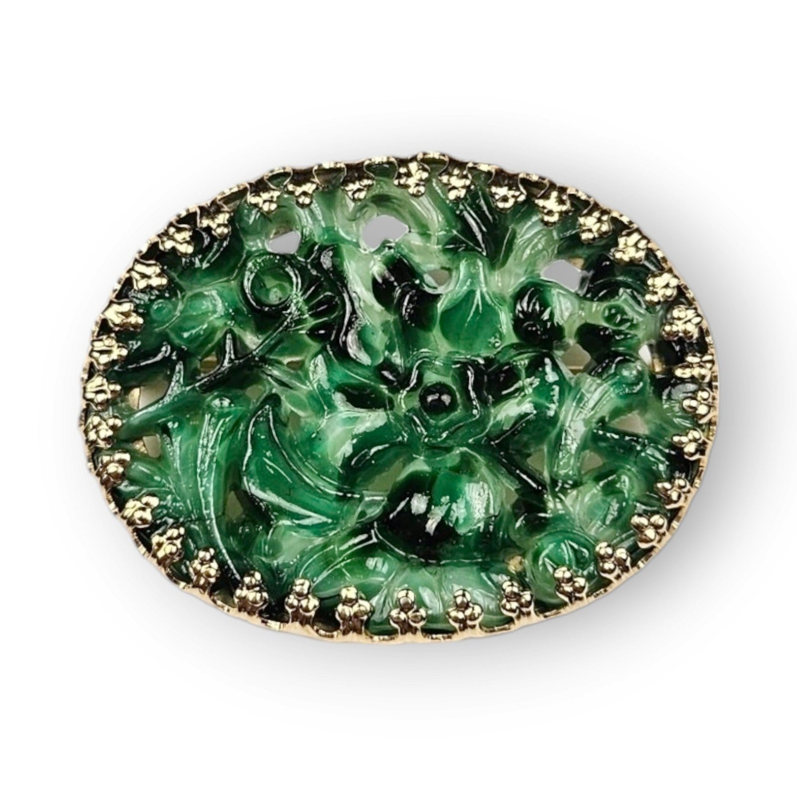 Napier Peking Jade Glass Brooch Green Floral Gold Plated Oval Vintage 60s 1 5/8