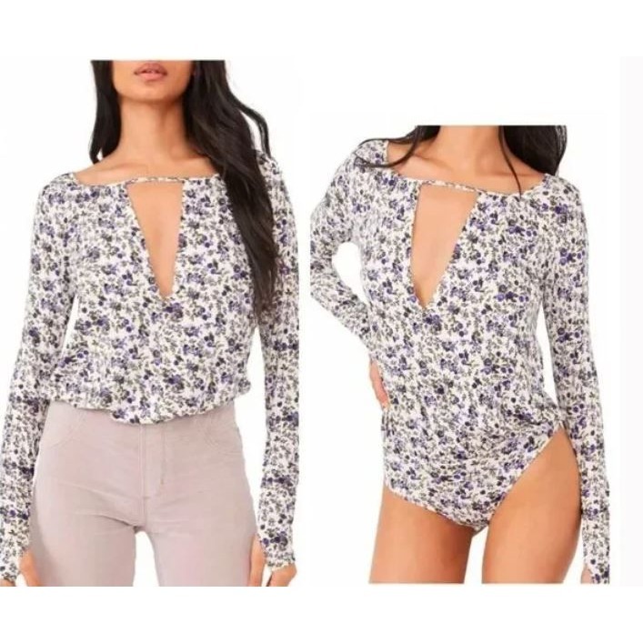 Intimately Free People Kaya Bodysuit Floral Purple White NWT XS