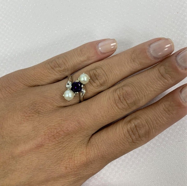 Rachel Koen Amethyst And Pearl Cocktail Ring 14K White Gold Size 5.75