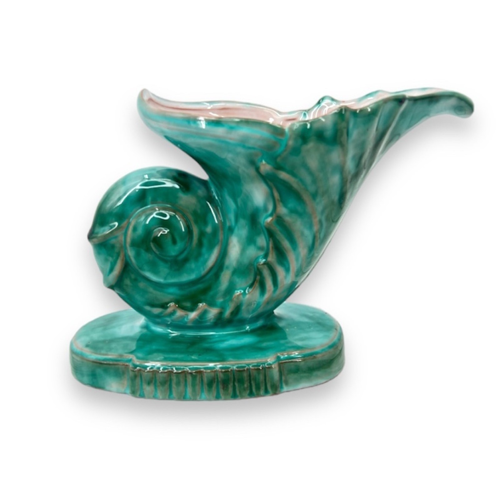 STANGL pottery green cornucopia scroll horn snail shape ceramic vase 2056