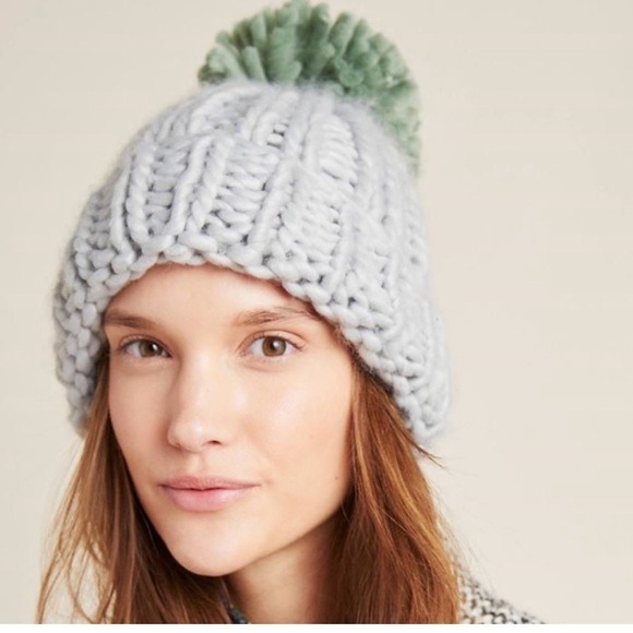 Anthropologie Sleeping on Snow Shea Chunky Knit Pom Pom Winter Hat Grey OS