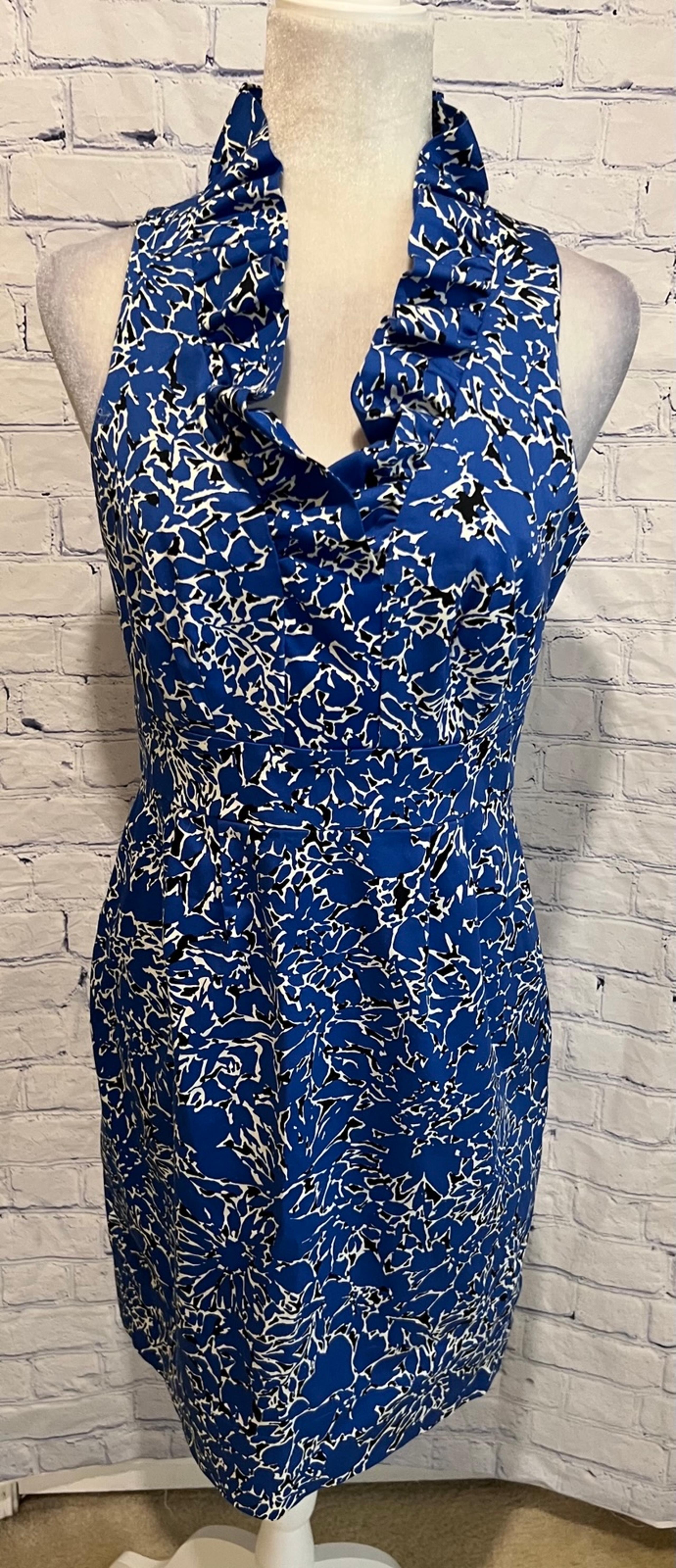 Taylor Nordstrom Ruffle Collar Sheath Dress Blue White Floral Career Womens 8