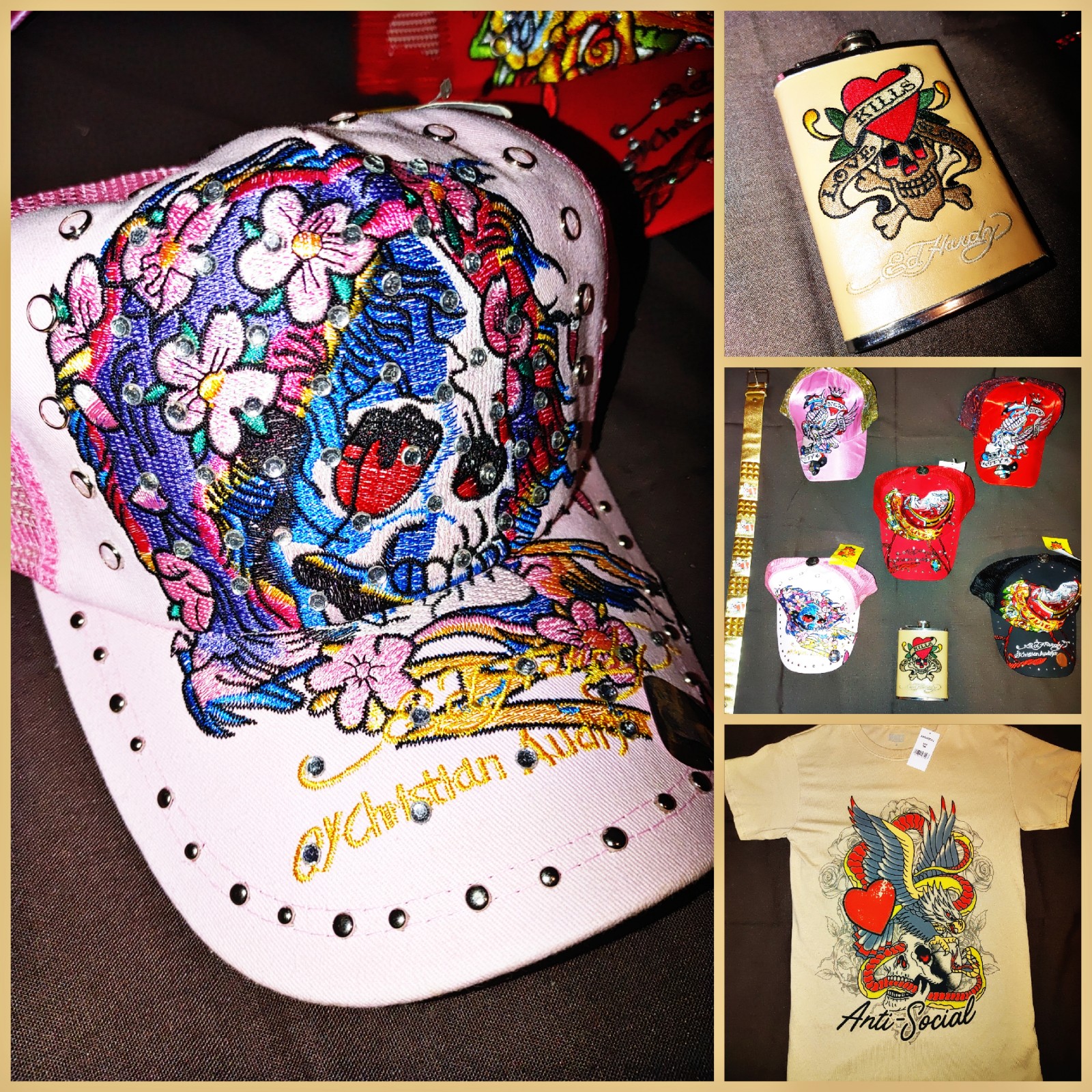 Lot of 5 Ed Hardy Hats + Flask , Y2K Shirt & Belt Ed Hardy Style Bundle!!!! NEW!