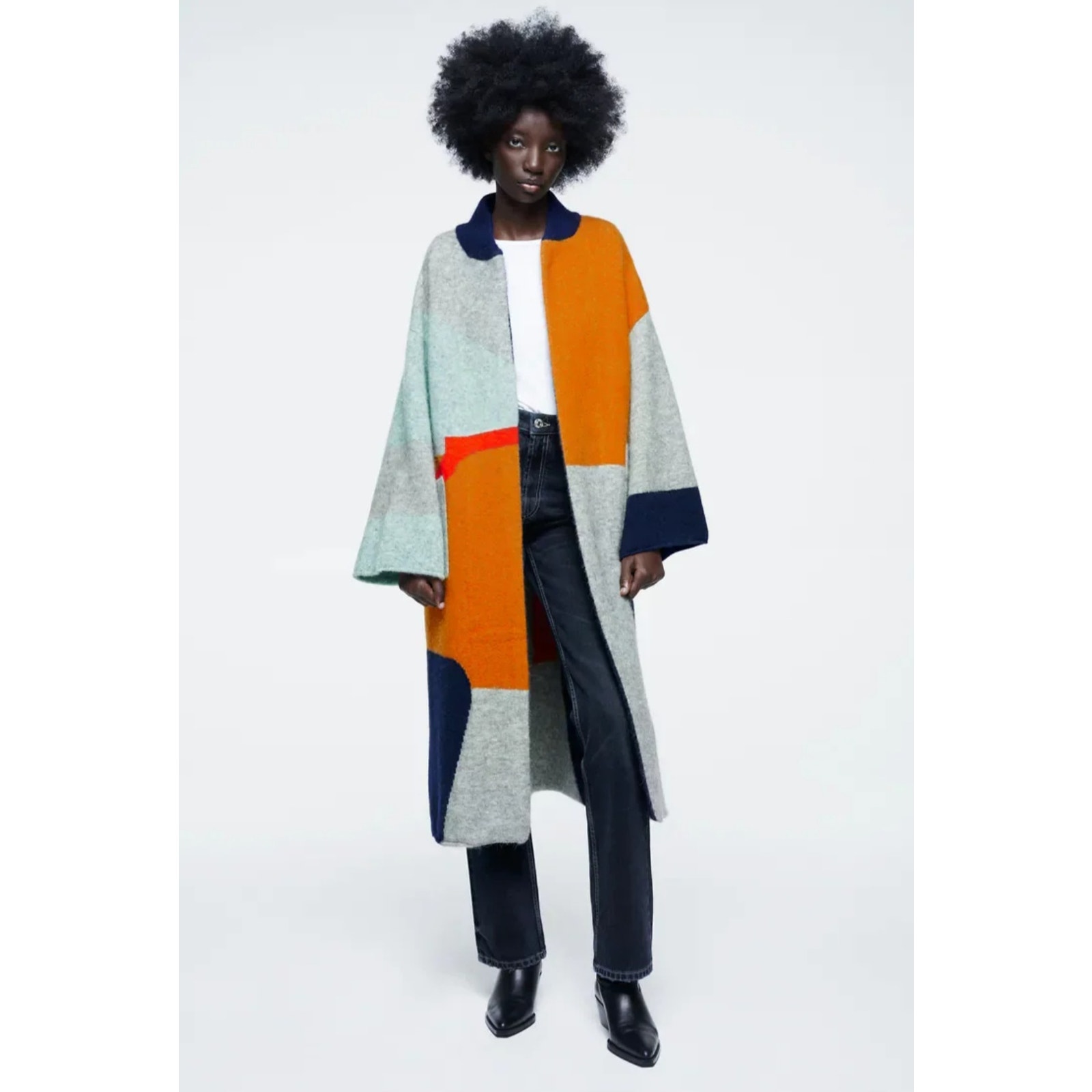 Zara Navy Yellow Gray Wool Alpaca Colorblock Coat Limited Edition NWOT Size Med
