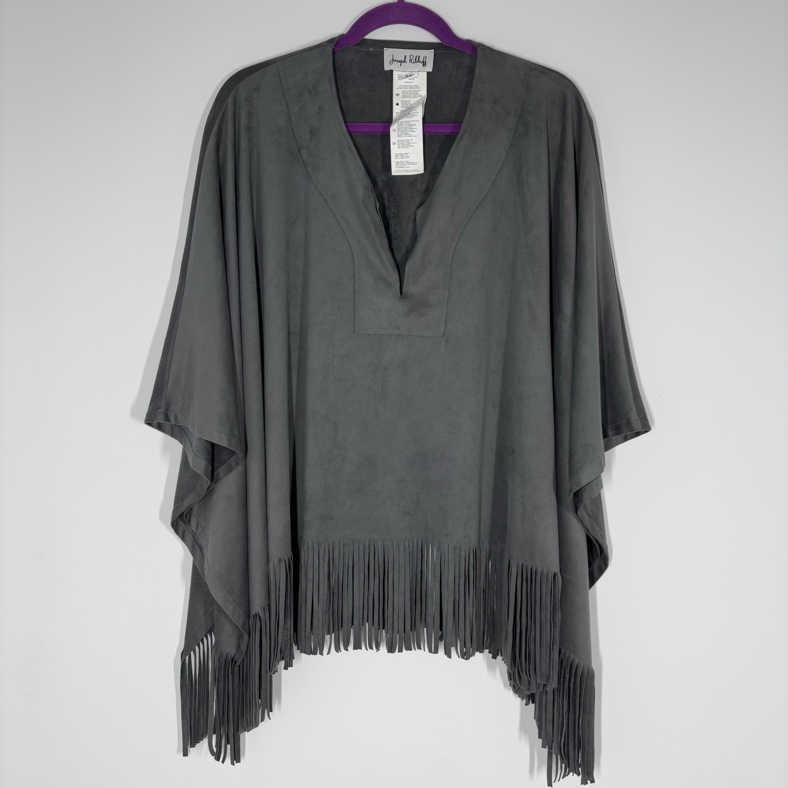 Joseph Ribkoff Womens Faux Suede Fringe Hem Poncho Top Size S Gray Western Boho