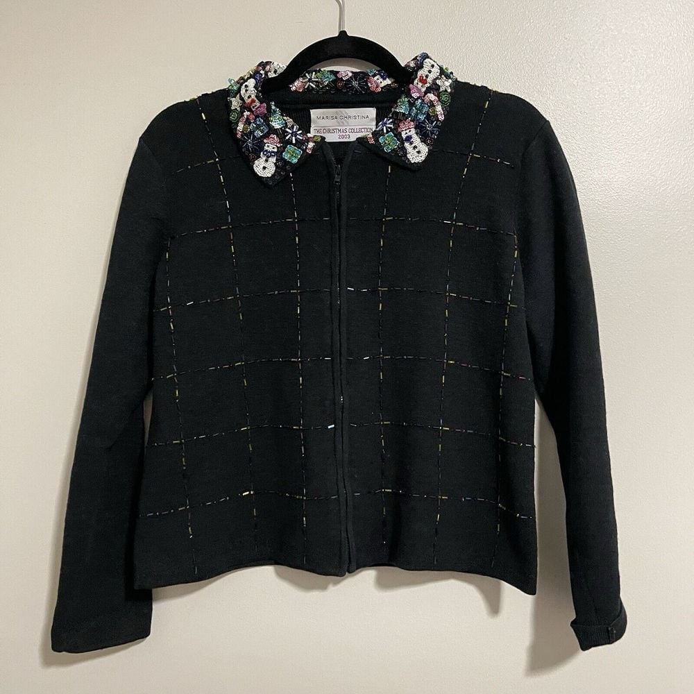 Marisa Christina Christmas Sweater 2003 Black Ramie Cotton Medium Beaded Jacket